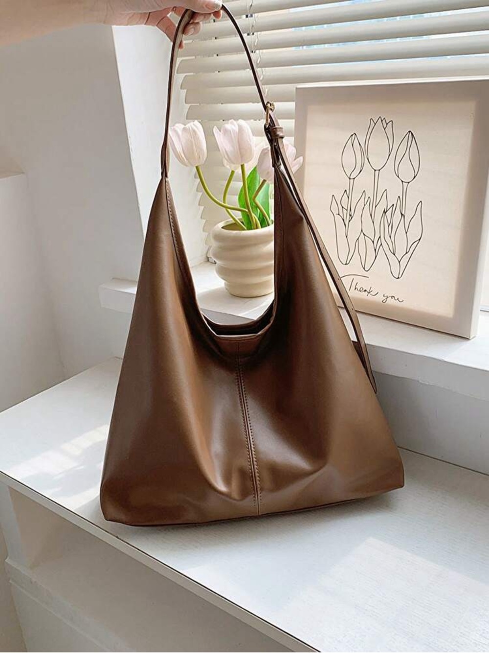 Tan Brown faux Leather large adjustable strap shoulder Tote bag - Picture 2 of 7